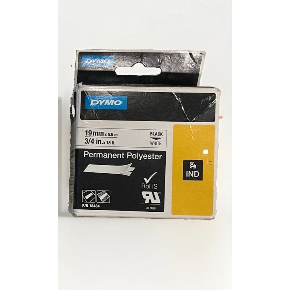 Dymo Rhino 18484 Black on White permanent Polyester tape 19mm x5.5m 18ft